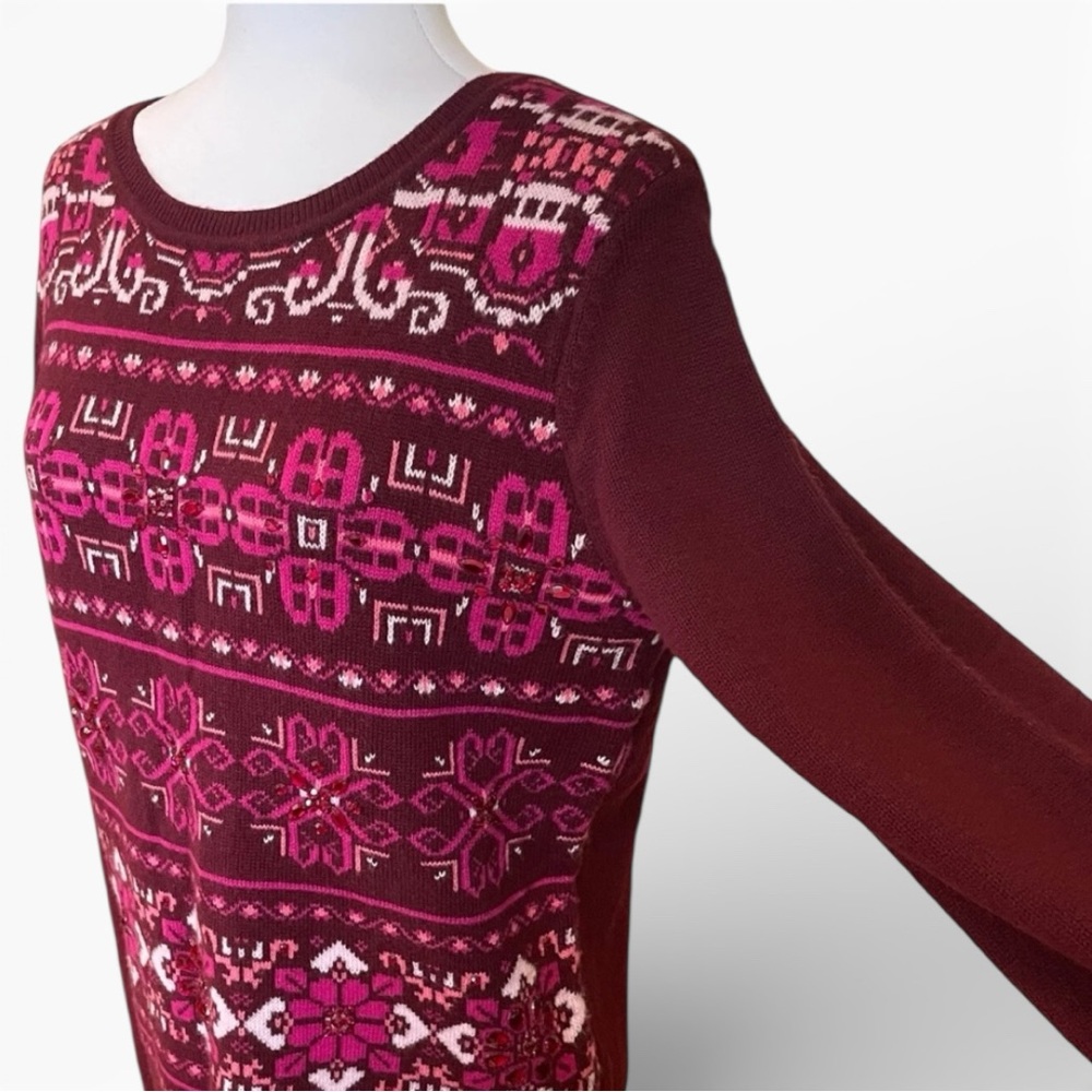 Talbots Fair Isle Lambswool Blend Beaded Sweater Burgundy Magenta Size Medium - Picture 3 of 7